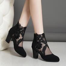 Women's And Winter Versatile Lace Ankle Boots, Block - Heel Design, Comfortable And Fashionable For Shopping, Simple - Style Ladies' Pointed - Toe High - Heel Ankle Boots - Black - View 2