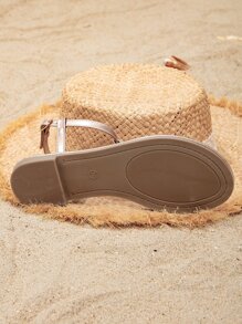 女士金屬質感結飾T字帶涼鞋,魅力四射銀夾腳設計平底涼鞋適合夏天 - 銀色 - 查看 6