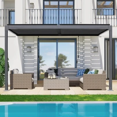 Aoodor 10 Ft. X 13 Ft. Outdoor Patio Wall-Mounted Pergola Adjustable Louvered Sloping Roof