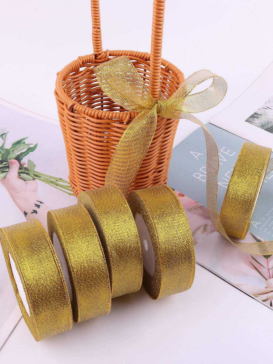 2.5釐米金色&銀緞帶烘烤&蛋糕包裝生日禮物裝飾用品絲帶DIY彩色織物緞帶,25 - 金色 - 查看 1