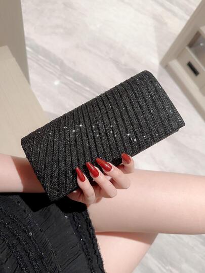 Moonlit Eve 酒會包，迷人、優雅、精美、靜謐奢華的亮片，時尚、奢華、閃亮的米妮閃粉露扣晚宴包帶有褶邊細節，適合派對女孩、女人、新娘，完美適用於聚會、婚禮、舞會、晚宴/宴會。