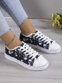 黑色和白色骷髏圖案戶外休閒運動繫帶時尚運動鞋 - 黑與白 - 查看 3