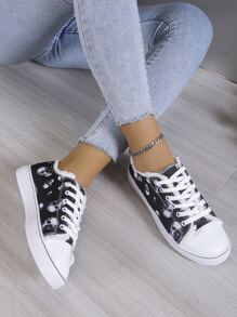 黑色和白色骷髏圖案戶外休閒運動繫帶時尚運動鞋 - 黑與白 - 查看 4