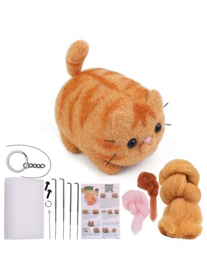 1 Set Coffee Cat Poke Poke Fun Wool Material Kit With Instructions