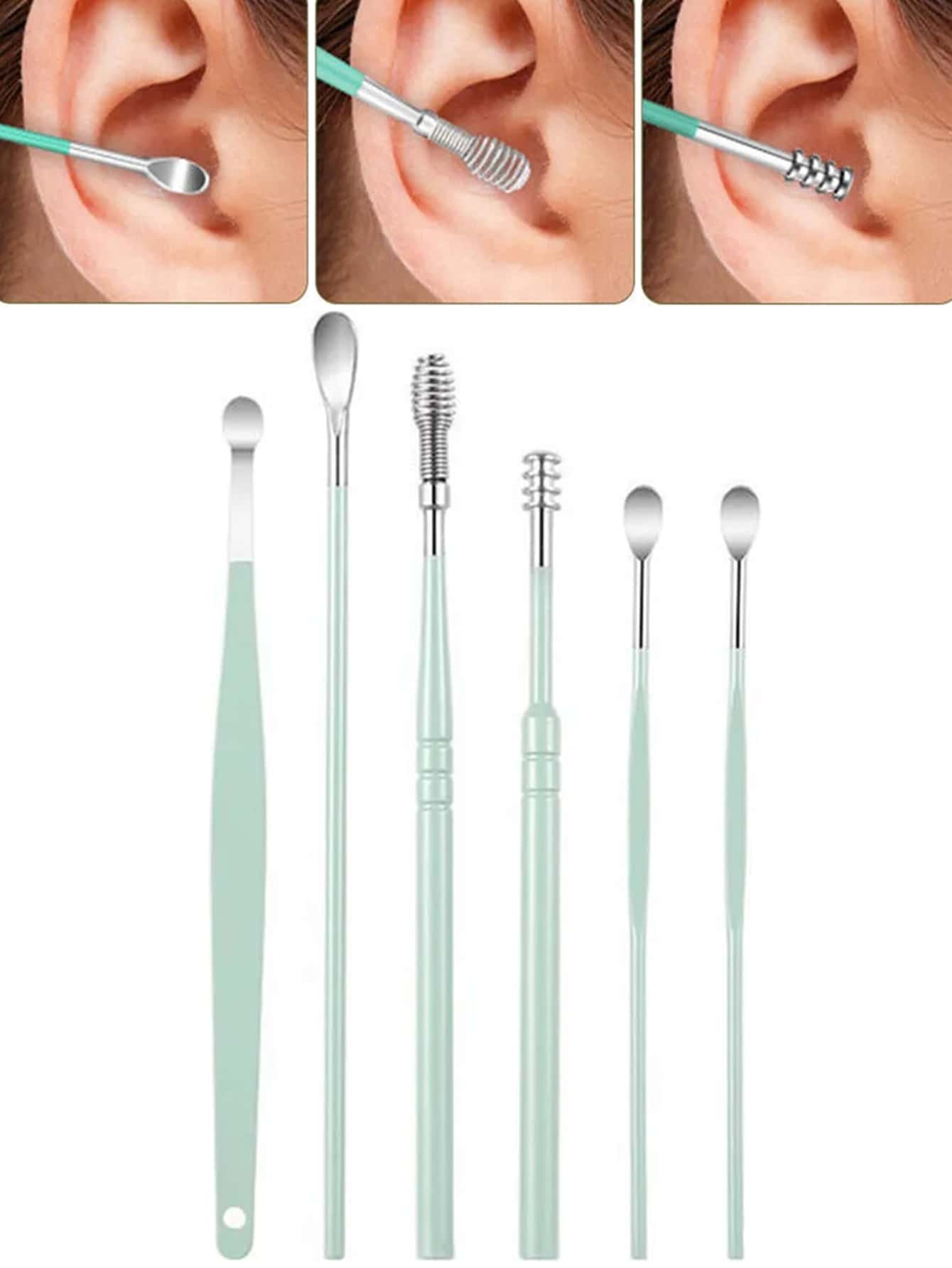 6pcs Ear Pick Set Stainless Steel Earwax Removal Tool Kit With Storage Bag For Children And Adults - Green - View 1