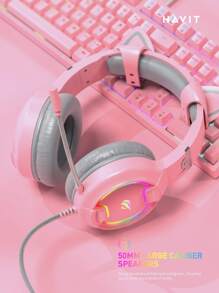HAVIT H2233D 粉色貓耳有線 RGB 遊戲耳機帶麥克風和 50 毫米大口徑揚聲器 - 粉色 - 查看 1