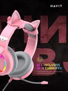 HAVIT H2233D 粉色貓耳有線 RGB 遊戲耳機帶麥克風和 50 毫米大口徑揚聲器 - 粉色 - 查看 3