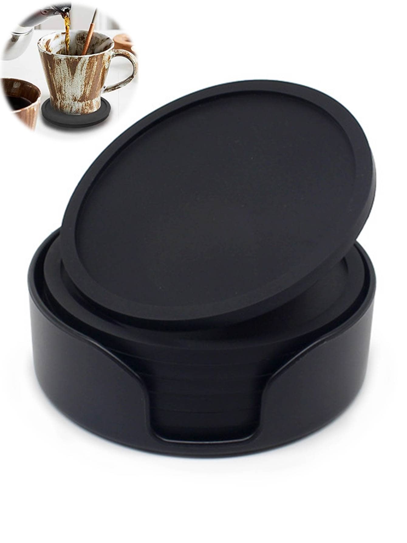 6pcs Black Silicone Cup Coasters With 1pc Plastic Holder - Black - View 1