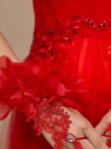 1 par de guantes de novia con protección solar de encaje y rhinestones rojos en forma de flor para mujer, adecuados para boda, fiesta, banquete, accesorios del Día de San Valentín - Rojo - Ver 2