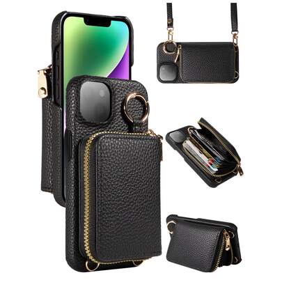eaacaa 黑色可拆卸挂绳斜挎肩带 1 件装，兼容苹果 17promax/17pro/17/17e/Air/16pro Max/16/15/14/13/12/11 手机，荔枝纹理多功能多卡位拉链风琴式卡包钱包 PU 手机壳保护套，兼容三星 A16 系列，防摔防盗，春季复活节礼物