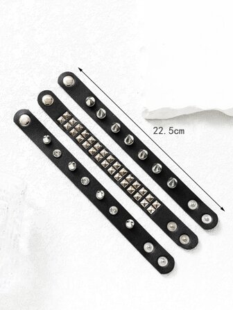 3入組個性簡約風龐克黑暗的搖滾風格男士PU皮革手環,情侶手鏈,學生手環