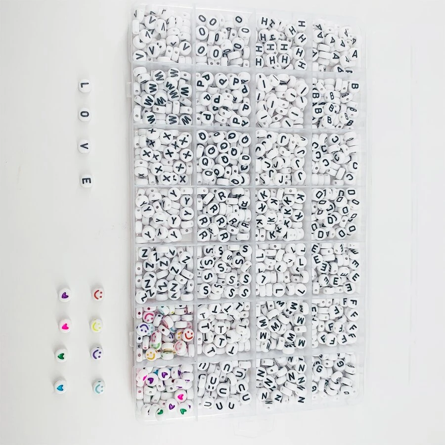 28-lưới Hộp Của 7mm Acrylic Tròn Chữ cái Hạt Với Hình vẽ trái tâm & A-Z Phân loại , 4X7mm Chữ cái Hạt Để làm đồ trang sức DIY , Với Hộp trữ