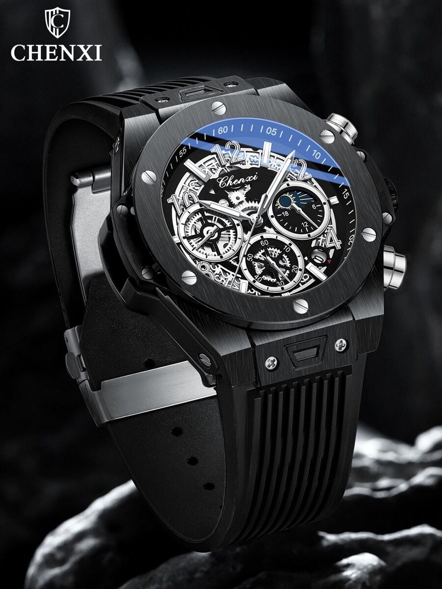 CHENXI Thạch anh Đồng hồ bấm giờ Giai đoạn Mặt trăng Quay số Nam Đồng hồ đeo tay - màu đen - Xem 1