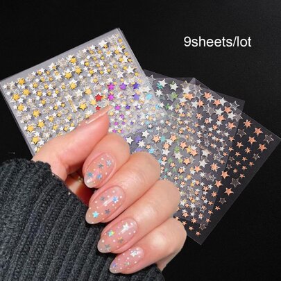 9 hojas de pegatinas de uñas con estrellas holográficas. Pegatinas de uñas con estrellas doradas y plateadas, pegatinas de uñas con estrellas de 5 puntas láser para Navidad, autoadhesivas, decoración de uñas (9 colores), suministros para uñas