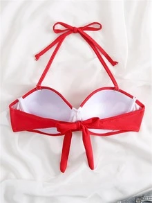 时尚聚拢蝴蝶结沙滩装女士泳装比基尼上衣适合夏季度假 - 紅色 - 查看 2