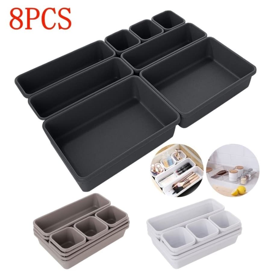 8pcs/set Plastic Drawer Organizer Divider Storage Boxes For Home Organization And Makeup Storage, Desk Organization - Black - View 1
