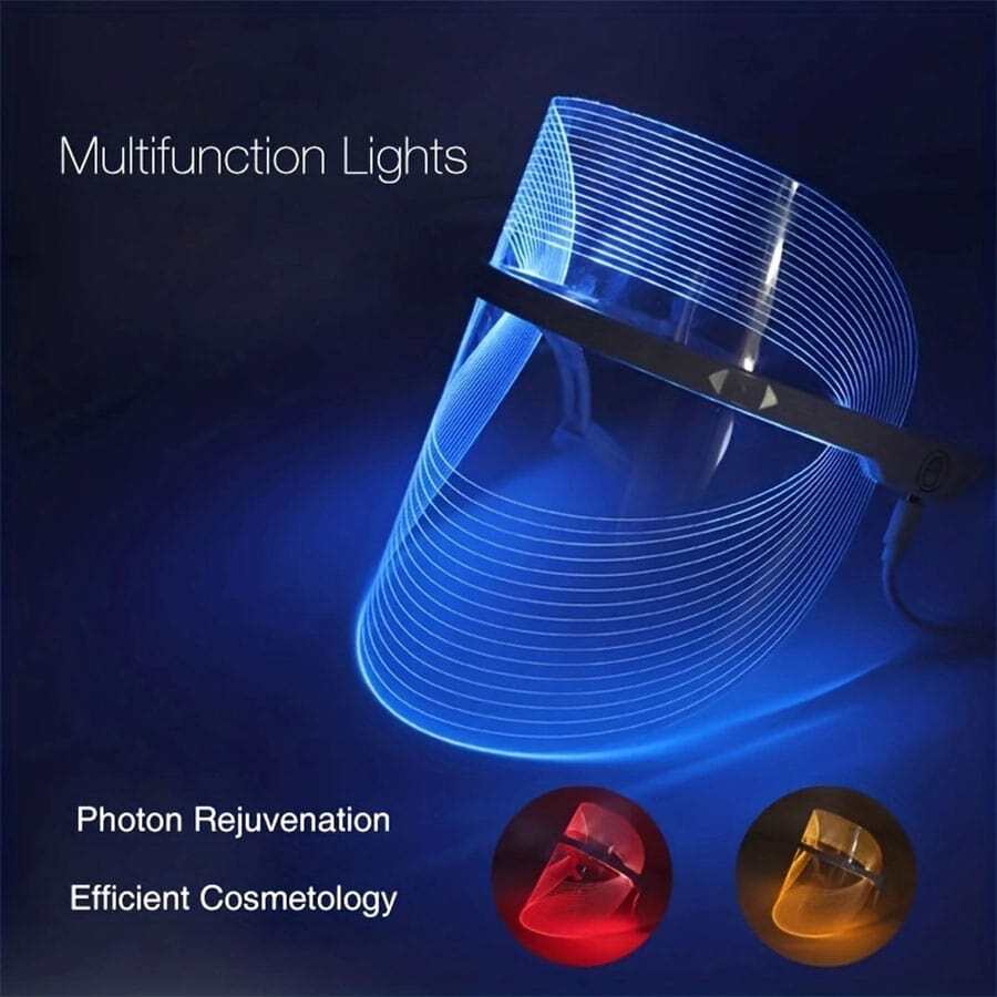 三色LED美妝口罩去除粉刺提亮膚色顏色美容儀家用的面部皮膚美妝套藍光面部嫩膚樂器 - 無色 - 查看 1