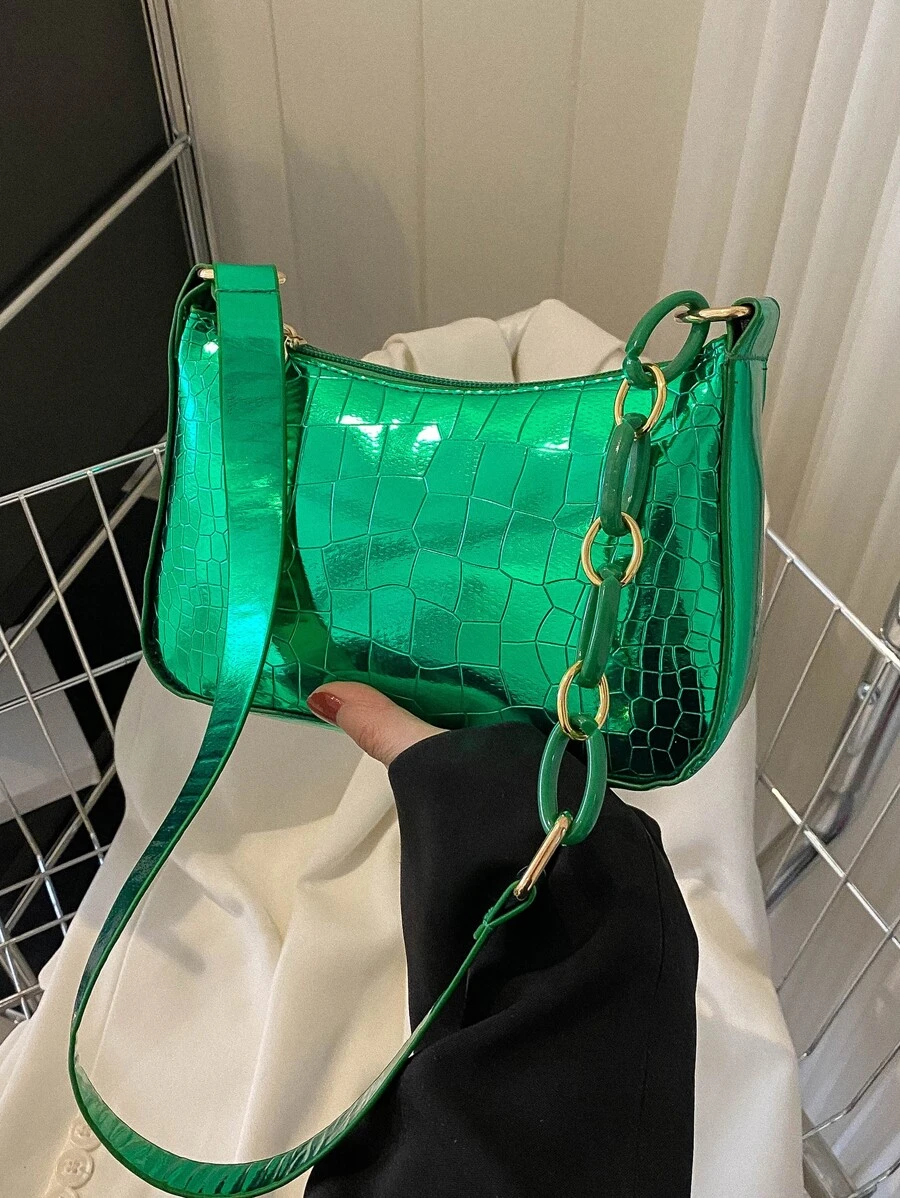 時尚女士PU皮革鱷魚紋肩膀腋下包 - 綠色 - 查看 1