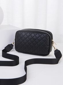 1 件黑色绗缝格子压花方形斜挎包，适合女士，时尚百搭单肩相机包，配金色金属配件 - 黑色 - 查看 4