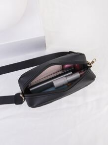 1 件黑色绗缝格子压花方形斜挎包，适合女士，时尚百搭单肩相机包，配金色金属配件 - 黑色 - 查看 5