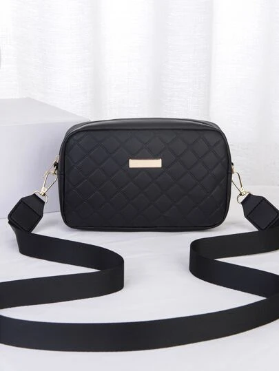 1pc Black Quilted Plaid Embossed Square Crossbody Bag For Women, Fashion Versatile Shoulder Sling Camera Bag With Golden Metallic Hardware