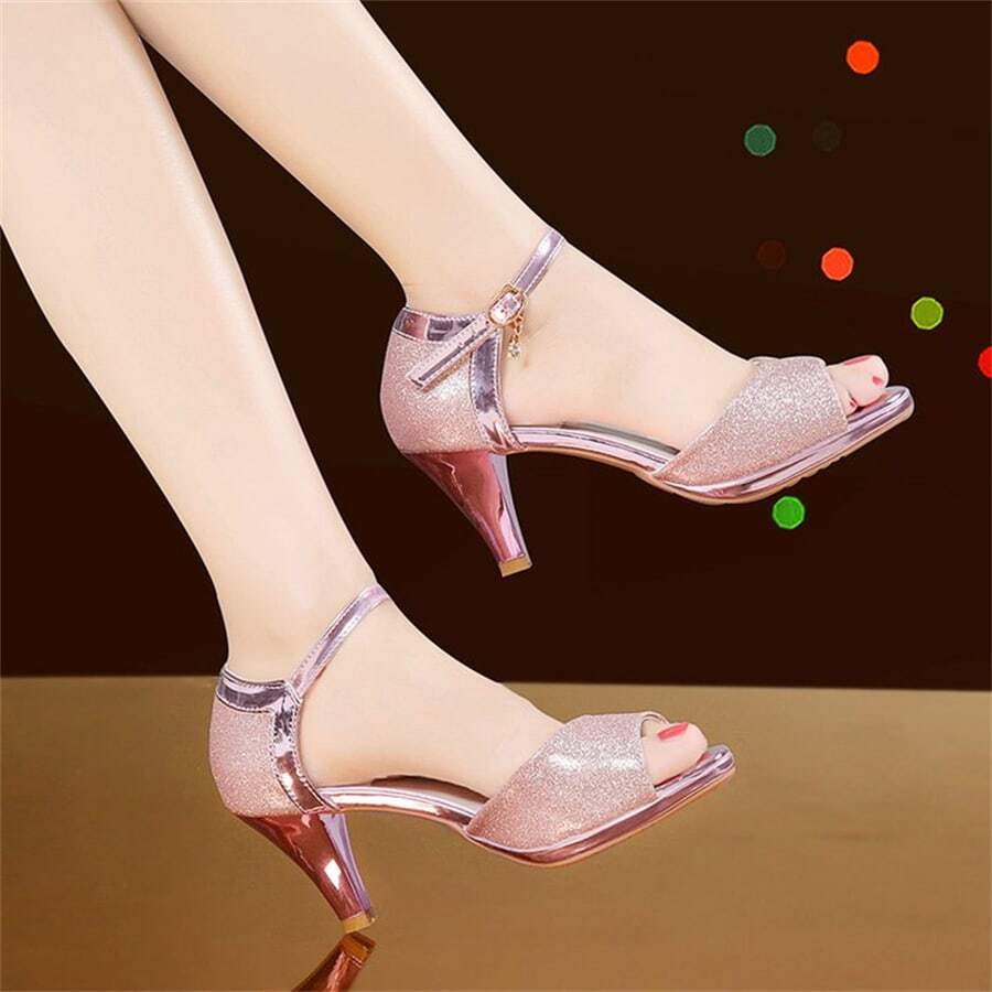 女性韓語風格高跟鞋涼鞋,美麗和時髦夏天戶外鞋 - 淡紫色 - 查看 1