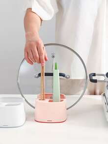 1pc Foldable Kitchen Pot Cover & Spatula Holder With Drain Rack - White - View 6