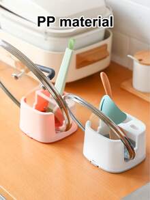 1pc Foldable Kitchen Pot Cover & Spatula Holder With Drain Rack - White - View 3