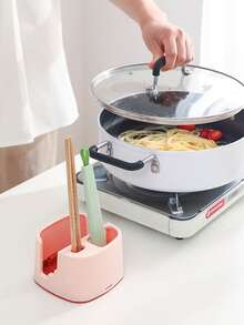 1pc Foldable Kitchen Pot Cover & Spatula Holder With Drain Rack - White - View 4