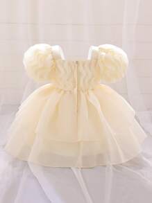 歐根紗緞嬰兒連衣裙,蓬鬆袖子和褶皺褶邊優雅甜美的連衣裙,適合戶外聚會和旅行 - 杏色 - 查看 4