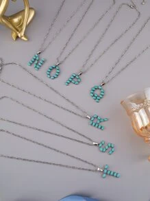 1pc Western Style Vintage Letter & Turquoise Bead Necklace - Antique Silver - View 4