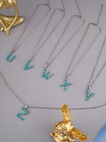 1pc Western Style Vintage Letter & Turquoise Bead Necklace - Antique Silver - View 1