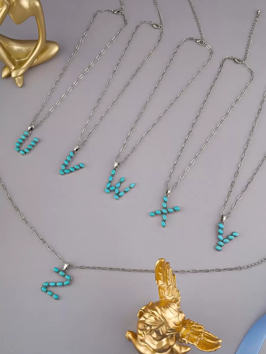 1pc Western Style Vintage Letter & Turquoise Bead Necklace - Antique Silver - View 1