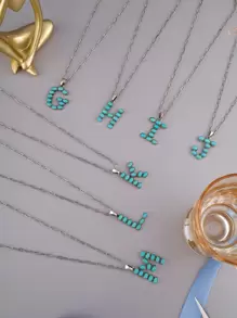 1pc Western Style Vintage Letter & Turquoise Bead Necklace - Antique Silver - View 3