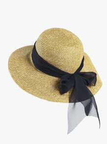 Bow Decor Straw Hat - Khaki - View 1