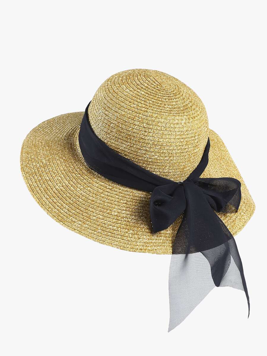 Bow Decor Straw Hat - Khaki - View 1