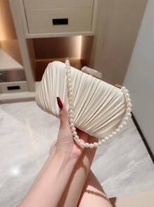 Moonlit EveBag 迷人、優雅、精美、靜謐奢華閃亮、時尚、奢華、閃爍的仿珍珠手拿包，晚宴包鍊式手提袋，適用於婚禮、派對女孩、女人和新娘 - 杏色 - 查看 2