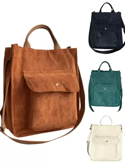 Women Corduroy Zipper Shoulder Bag Female Canvas Messenger Bag Retro Vintage Crossbody Bags Casual Tote Storage Reusable Handbag Shopping Bags for Women Minimalist Square Bag Medium Corduroy