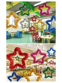 1pc Pet Multicolor Striped Flower Wreath With Metallic Stars, 35cm, Suitable For Party Decoration - Green - View 3