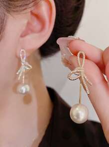 2pcs Fashionable Long Waterdrop Shaped Rhinestone Embedded Faux Pearl Pendant Earrings For Women, Party Night Dress-Up Accessories - Gold - View 12