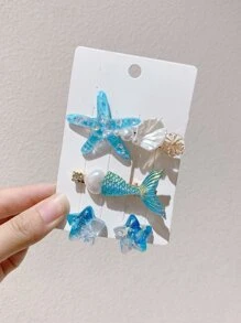4pcs Girls' Fashionable Dreamy Ocean Themed Hair Clips Set Including Mermaid, Starfish, Shell, Star, Alligator And Side Clips Cute,Hair Accessories,Hair Barrettes Claw Clips