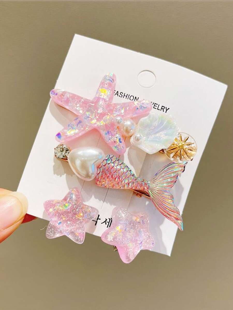 Bộ 4 kẹp tóc thời trang cho bé gái, lấy cảm hứng từ đại dương, hình nàng tiên cá, sao biển, vỏ sò và ngôi sao, phong cách Boho, thích hợp cho ngày Valentine. Kẹp tóc hình càng cua, kẹp cài tóc, phụ kiện tóc. - Hồng - Xem 1