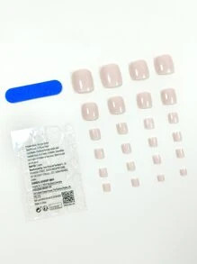 24入組簡約淺粉色方形假腳趾甲，附1pc指甲檔和1pc果凍膠黏貼指甲指甲用品 - 淺粉色 - 查看 3