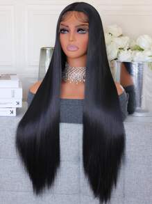 Mềm mại Glueless Tự nhiên 26 Inch Dài Mượt Thẳng Sâu Tóc giả phía trước Lace Đối với phụ nữ Em bé Tóc - màu đen - Xem 2