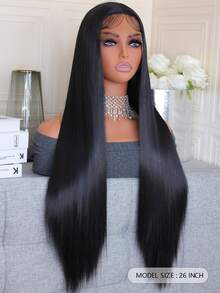 Mềm mại Glueless Tự nhiên 26 Inch Dài Mượt Thẳng Sâu Tóc giả phía trước Lace Đối với phụ nữ Em bé Tóc - màu đen - Xem 3