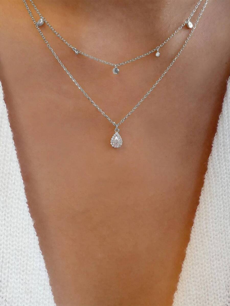 1pc Double Layered Water Drop Shaped Rhinestone Inlaid Necklace - Silver - View 1