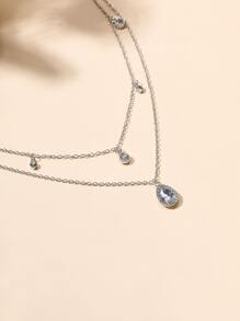 1pc Double Layered Water Drop Shaped Rhinestone Inlaid Necklace - Silver - View 4