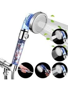 1pc Handheld Shower Head With Filter Beads, Spray & High Pressure Settings, One-key Control Switch - Blue - View 1