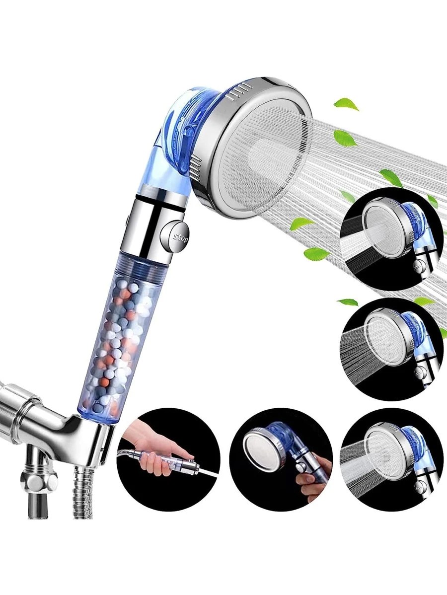 1pc Handheld Shower Head With Filter Beads, Spray & High Pressure Settings, One-key Control Switch - Blue - View 1
