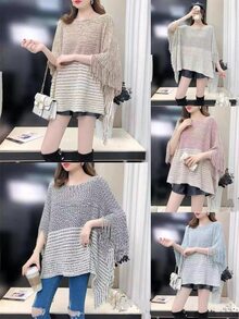 1入組女性雙顏色針織羊絨感覺防風斗篷披肩帶流蘇流蘇適合春天秋天旅行,節假日,禮物 - 米色 - 查看 5